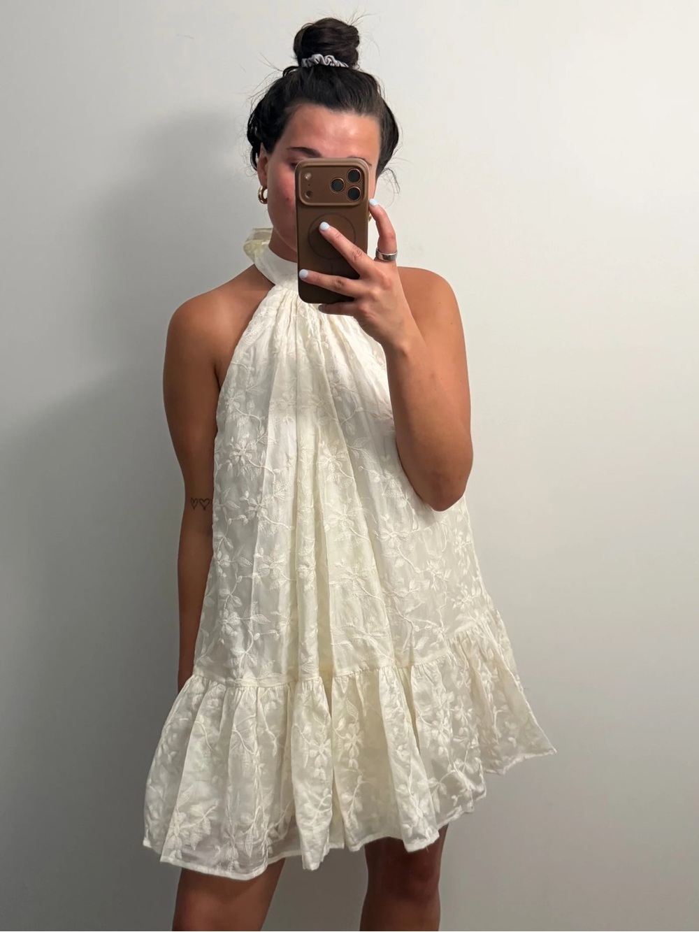 Halter Neck Embroidered Mini Dress - Cream